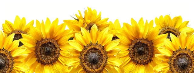A group of sunflowers with vibrant yellow petals and detailed center circles, arranged in an aesthetically pleasing pattern on a white background Generative AI