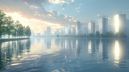 The sun rises over a tranquil waterfront cityscape, casting soft light and reflections across the gentle waters. - obrazy, fototapety, plakaty