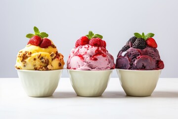 Three different ice cream sundaes with fruits and berries