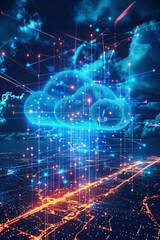 Neon blue cloud network concept against a backdrop of city lights.