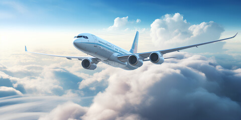 airplane in the clouds,Passenger Airliner Flying in the Clouds - obrazy, fototapety, plakaty