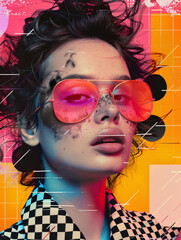 Artistic fusion portrait with woman in sunglasses highlighting splashes of neon.
