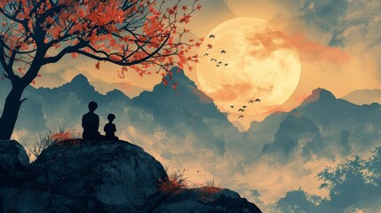 Two silhouettes sit peacefully under an autumnal tree, gazing at a large, radiant moon rising above misty mountains.
