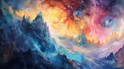 Obraz na płótnie Canvas Captivating Cosmic Landscape A Dreamlike Fusion of Mountains Nebulae and Celestial Wonders