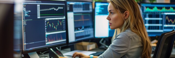 A woman works as an operator specialist in a computer data center in front of many monitors with charts and data