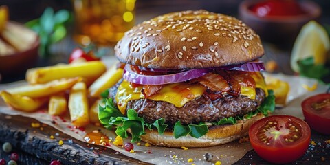 Gourmet festive burger with sesame bun and golden fries on rustic backdrop