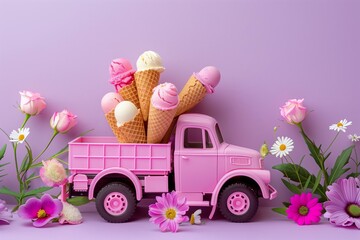 bright pink toy truck full of ice creams in cones and flowers on a bright background
