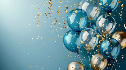 Elegant blue and gold balloons with golden confetti on a blue background.