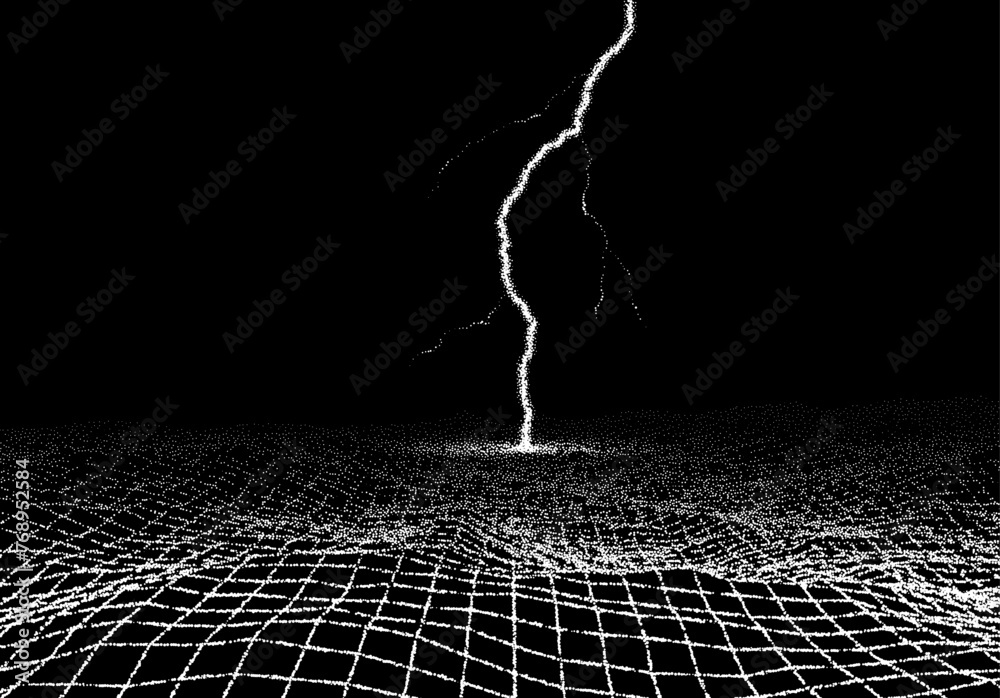 Poster space landscape with lightning strike in retro book style. dotwork scene with grid terrain, and thun