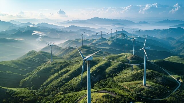 Wind turbines perched atop mountain ridges capture the ethereal beauty of misty valleys at dawn, symbolizing sustainable high-altitude energy.