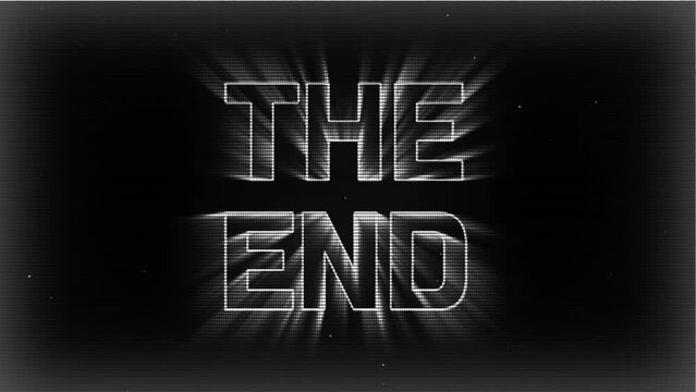 Movie Vintage The End monochrome animation retro old school pixelated shiny style the end word, animation of a camera cinematography film for ending video isolated on black background