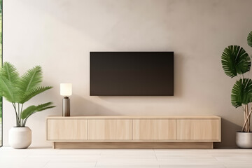 A living room with a large flat screen television mounted on the wall. The room is decorated with a wooden entertainment center and a few potted plants. The television is turned off