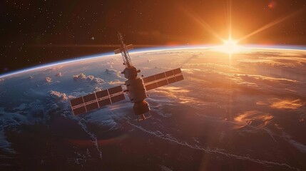 The International Space Station orbits Earth, capturing the first light of sunrise against the backdrop of the starry cosmos. - obrazy, fototapety, plakaty