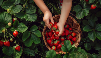 Child Picking Fresh Strawberries in the Garden