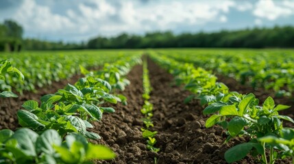 A low angle view showcases vibrant young soybean plants stretching across a vast agricultural field under a cloudy sky.