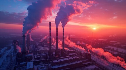 Dramatic winter sunset over industrial landscape with towering smokestacks emitting plumes of smoke.