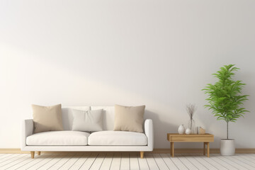 A white couch with two pillows and a brown table with a potted plant. The room is empty and has a minimalist feel