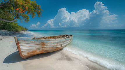 On a remote tropical island, a rustic wooden sailboat rests on the pristine white sands of a secluded beach, its weathered hull adorned with colorful tropical flowers, a serene par - obrazy, fototapety, plakaty