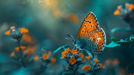 Fototapeta na wymiar A delicate butterfly perches on vibrant flowers, bathed in a soft, ethereal light with a dreamy bokeh background.