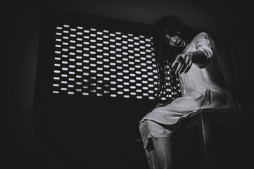 Portrait of asian woman make up ghost,Scary horror scene for background,Halloween festival...