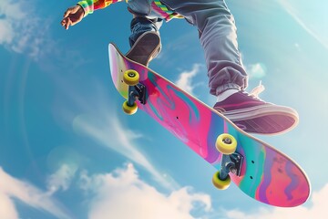 Colorful skateboard with young person skateboarding against a blue sky