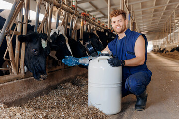 Vet doctor man use tank liquid nitrogen with bull sperm for artificial insemination of cows. Concept industry dairy livestock