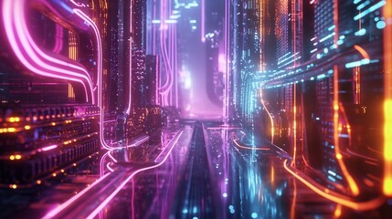 Cascading neon streams intertwine, forming a dynamic abstraction of radiant energy, alive with digital vitality. - obrazy, fototapety, plakaty