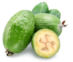 Feijoa fruits with leaf and slice of feijoa isolated on white background.