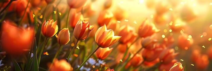 A beautiful morning scene with vibrant orange tulips glowing in the warm sunlight