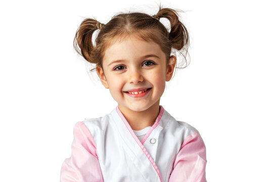 Studio portrait of cute little girl wearing doctor or dentist outfit costume with smile and looking at camera isolated on transparent png background.