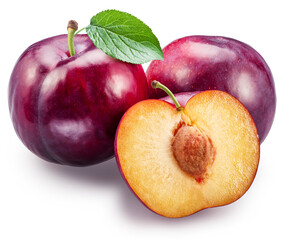 Ripe chinese plums or japanese plums with leaf on white background. Clipping path.