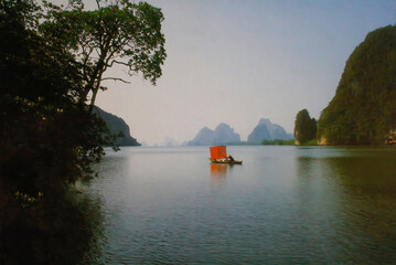 boat on the river With mountains and trees , nature