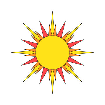 A stylized abstract image of the sun with colored rays.