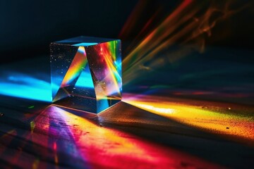 A glass prism breaks a laser beam into the spectral colors on a black background.