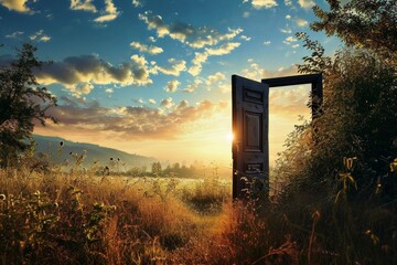 A open door on a field showing a new world. - obrazy, fototapety, plakaty