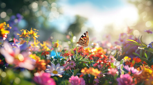 butterfly on a colorful flowers in the field on summer, amazing flower garden , blue sky