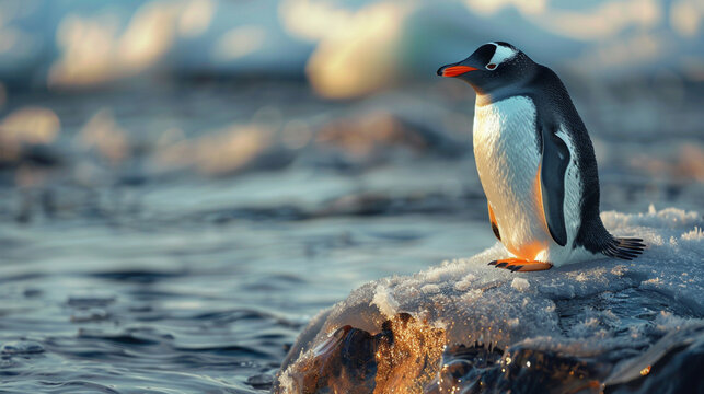 cute little penguin on the rocks , ocean as a background , winter season