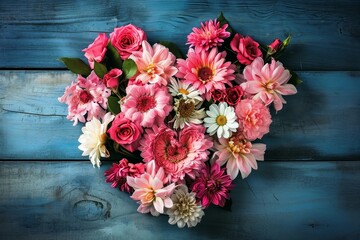 Table top view on a lovely decorated Flower arrangement in a heart shape.