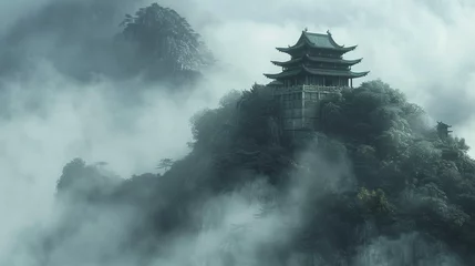 Fototapeten mystry asian temple on the hill, full of mist and fog , ancient chinese art © The Thee Studio