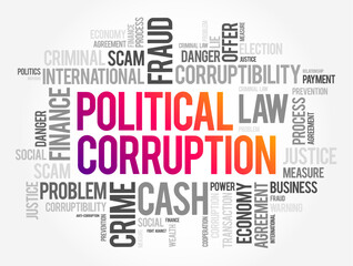 Political Corruption is the use of powers by government officials or their network contacts for illegitimate private gain, word cloud concept background