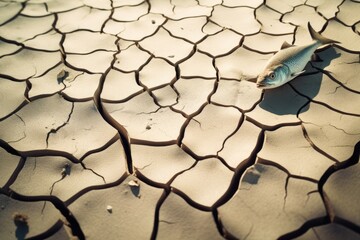 A single fish lies on a parched ground with deep cracks, illustrating environmental issues and water scarcity. Deserted Fish on Cracked Dry Earth