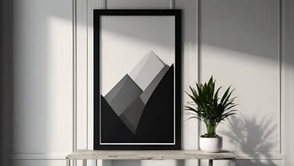 Sleek Black Painted Wooden Frame Mockup: Close-Up Elegance on White Wall, 3D Render