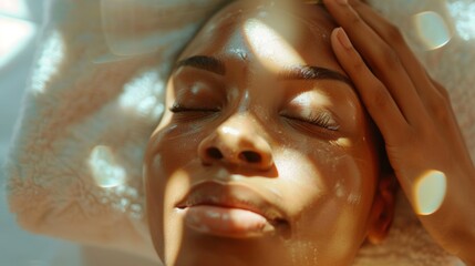 Woman, relax and massage on face with hands and care for facial, wellness and spa treatment on bed. Above, lens flare and african female person with skincare and cosmetics at hotel with skin glow.