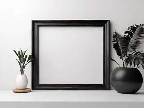 Sleek Black Painted Wooden Frame Mockup: Close-Up Elegance on White Wall, 3D Render
