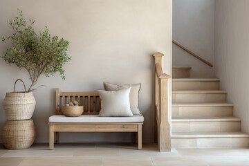 A wooden bench with a basket of rocks on it sits in front of a staircase. The bench is surrounded...