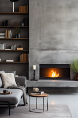 A living room with a fireplace and a coffee table. The fireplace has a fire burning in it. The room has a modern and cozy feel with a mix of wood and concrete elements