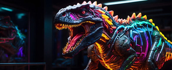 A neon tyrannosaurus rex in a dark room.