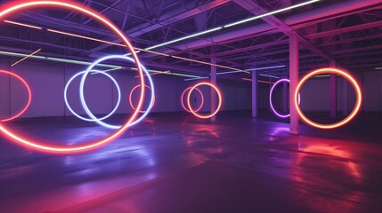 Harmonious interlocking of neon rings suspended in a tranquil emptiness, casting a serene glow for...