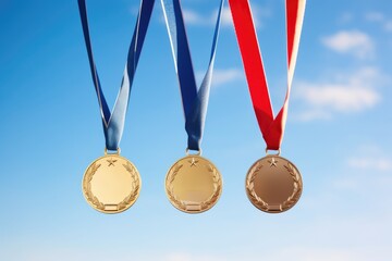 Gold, silver, and bronze medals with ribbons against a blue sky, symbolizing achievement and competition.