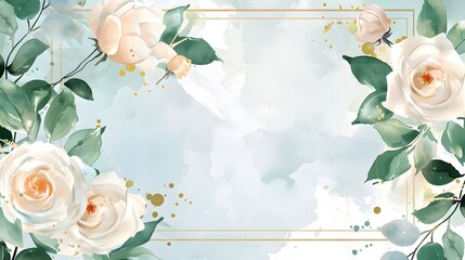 Intricate gold frame enclosing watercolor roses against a muted green backdrop